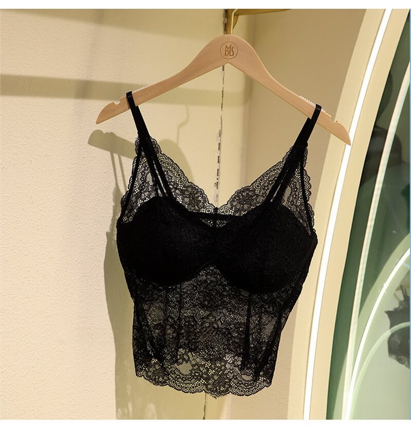 NURO Women's Built-In Bra Cami Top, Lace Trim French Style Bralette