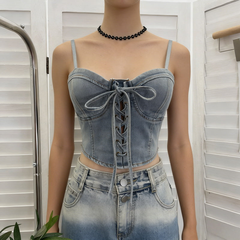 NURO Women's Built-In Bra Denim Vest, Adjustable Strap Cropped Corset Top with Bow Tie, Sexy Bodycon Bustier
