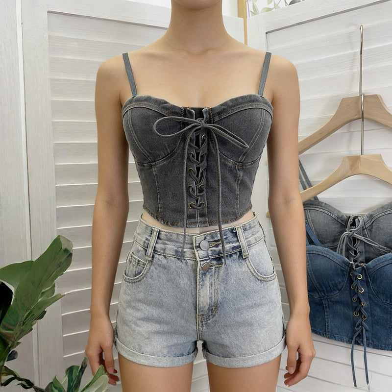NURO Women's Built-In Bra Denim Vest, Adjustable Strap Cropped Corset Top with Bow Tie, Sexy Bodycon Bustier