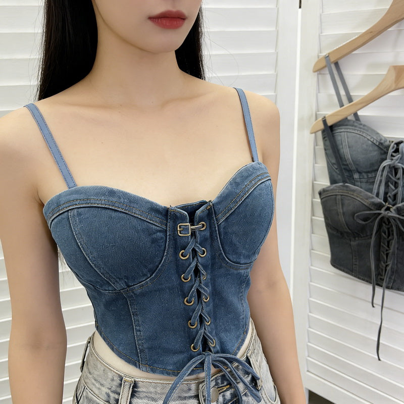 NURO Women's Built-In Bra Denim Vest, Adjustable Strap Cropped Corset Top with Bow Tie, Sexy Bodycon Bustier