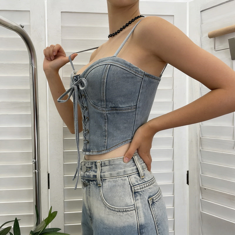 NURO Women's Built-In Bra Denim Vest, Adjustable Strap Cropped Corset Top with Bow Tie, Sexy Bodycon Bustier