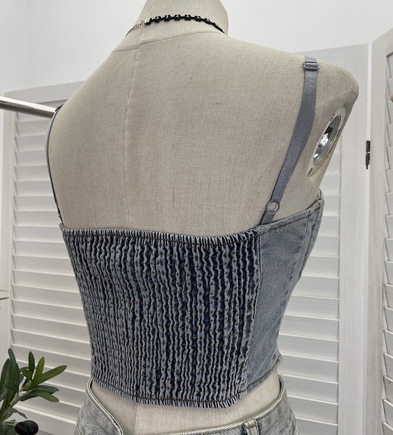 NURO Women's Built-In Bra Denim Vest, Adjustable Strap Cropped Corset Top with Bow Tie, Sexy Bodycon Bustier