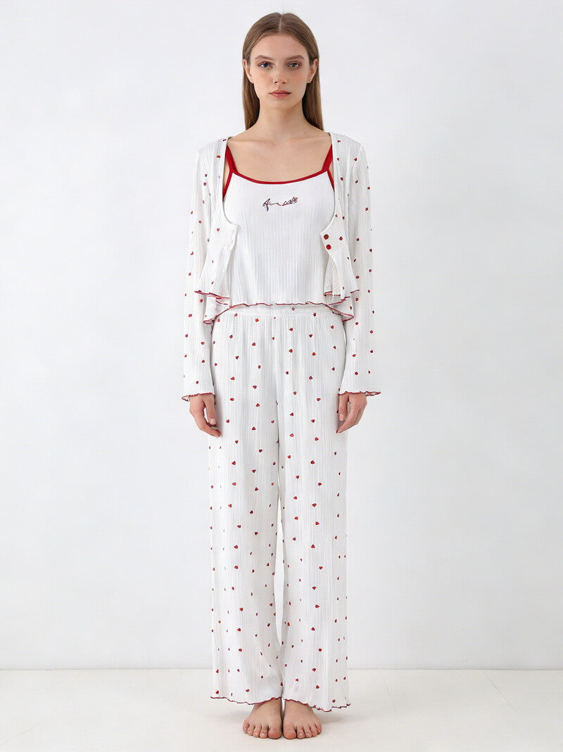 NURO Women's Built-in Bra Heart Print Modal Loungewear Set, Ribbed Sleeveless Top with Long Sleeve Cardigan and Pants, 3-Piece Sleepwear for Spring Summer Fall