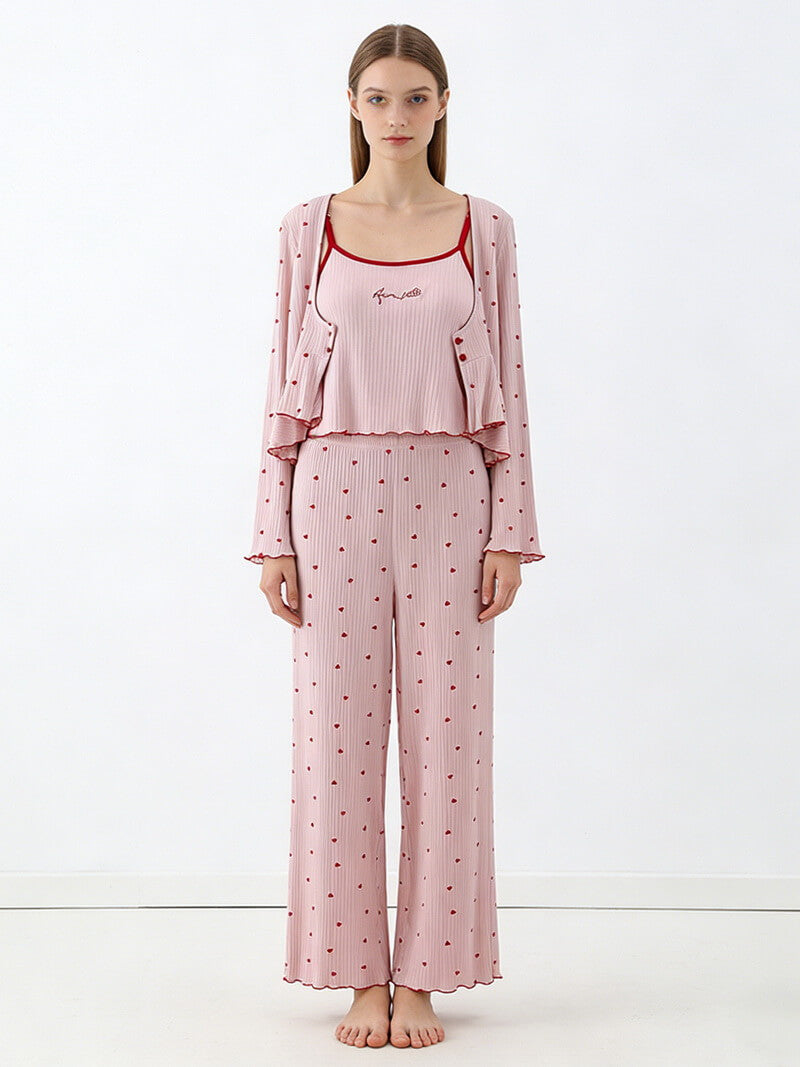 NURO Women's Built-in Bra Heart Print Modal Loungewear Set, Ribbed Sleeveless Top with Long Sleeve Cardigan and Pants, 3-Piece Sleepwear for Spring Summer Fall
