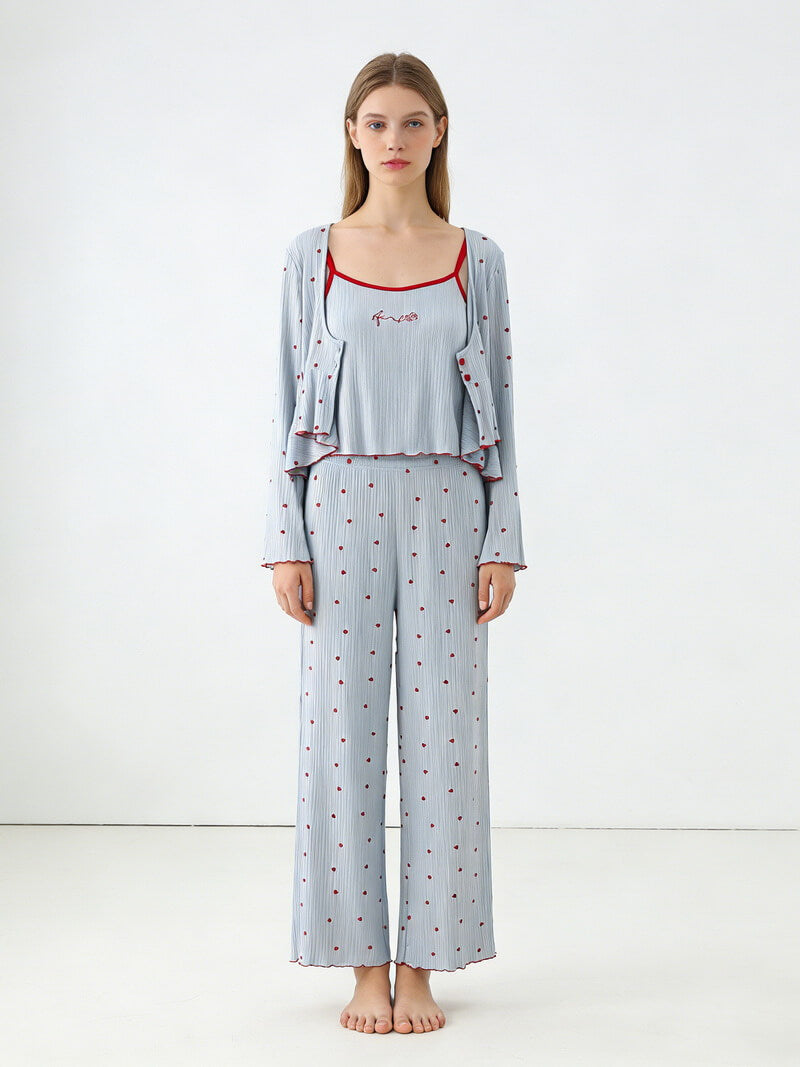 NURO Women's Built-in Bra Heart Print Modal Loungewear Set, Ribbed Sleeveless Top with Long Sleeve Cardigan and Pants, 3-Piece Sleepwear for Spring Summer Fall