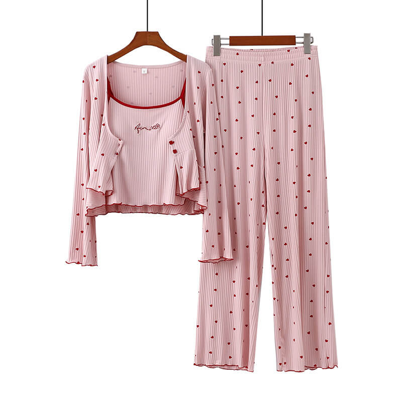 NURO Women's Built-in Bra Heart Print Modal Loungewear Set, Ribbed Sleeveless Top with Long Sleeve Cardigan and Pants, 3-Piece Sleepwear for Spring Summer Fall