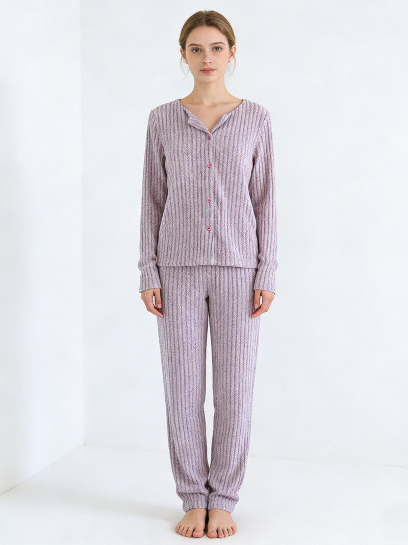 NURO Women's Built-in Bra Loungewear Set, V-Neck Long Sleeve Sleepwear, Thick Warm Pajamas for Fall and Winter, Pure European Style