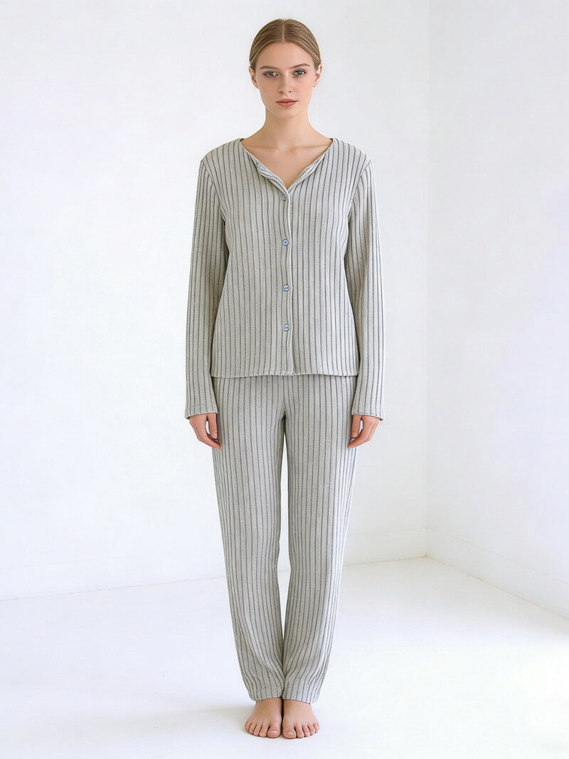 NURO Women's Built-in Bra Loungewear Set, V-Neck Long Sleeve Sleepwear, Thick Warm Pajamas for Fall and Winter, Pure European Style