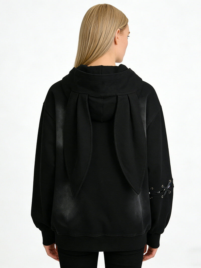 NURO Women's Bunny Ear Hooded Zip-Up Sweatshirt, Retro Streetwear Style Cardigan