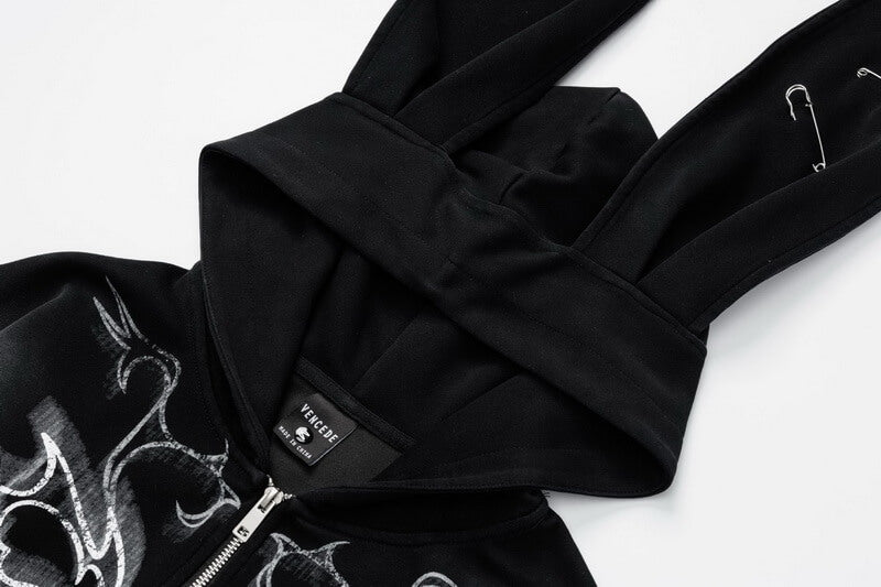 NURO Women's Bunny Ear Hooded Zip-Up Sweatshirt, Retro Streetwear Style Cardigan