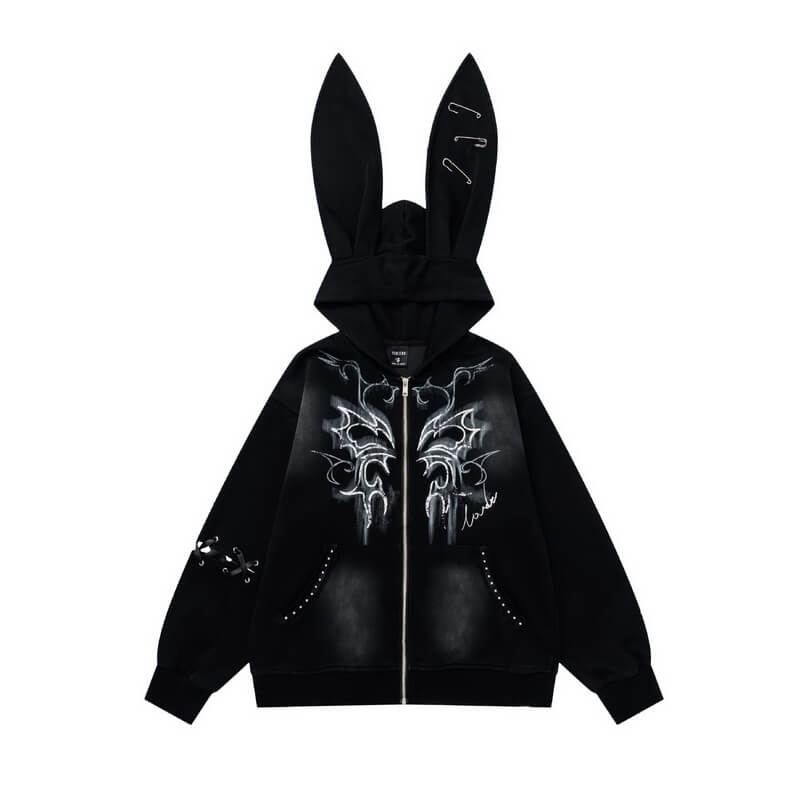 NURO Women's Bunny Ear Hooded Zip-Up Sweatshirt, Retro Streetwear Style Cardigan