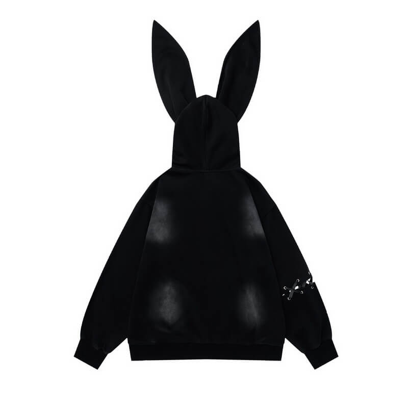 NURO Women's Bunny Ear Hooded Zip-Up Sweatshirt, Retro Streetwear Style Cardigan