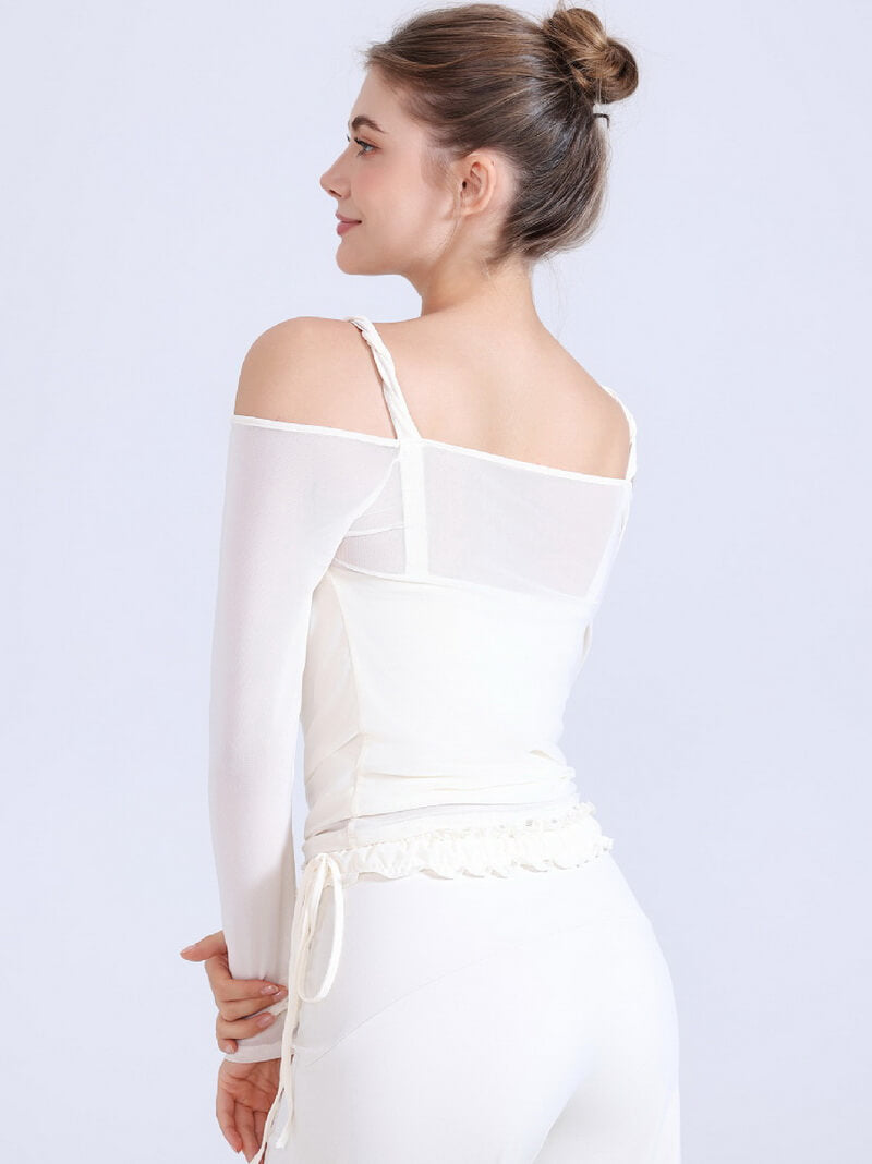 NURO Women's Cable-Knit Mesh Long Sleeve Crop Top with Built-in Bra