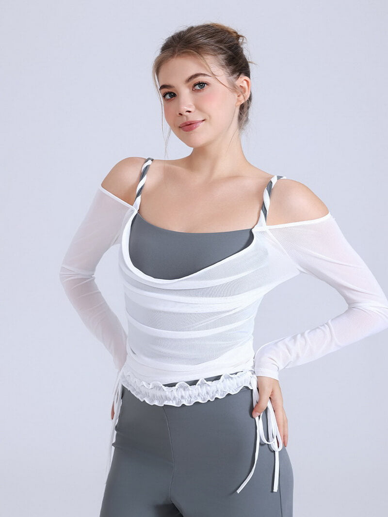 NURO Women's Cable-Knit Mesh Long Sleeve Crop Top with Built-in Bra