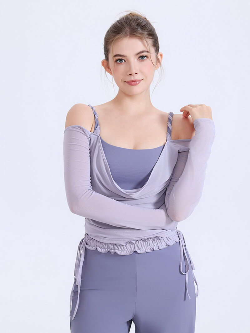 NURO Women's Cable-Knit Mesh Long Sleeve Crop Top with Built-in Bra