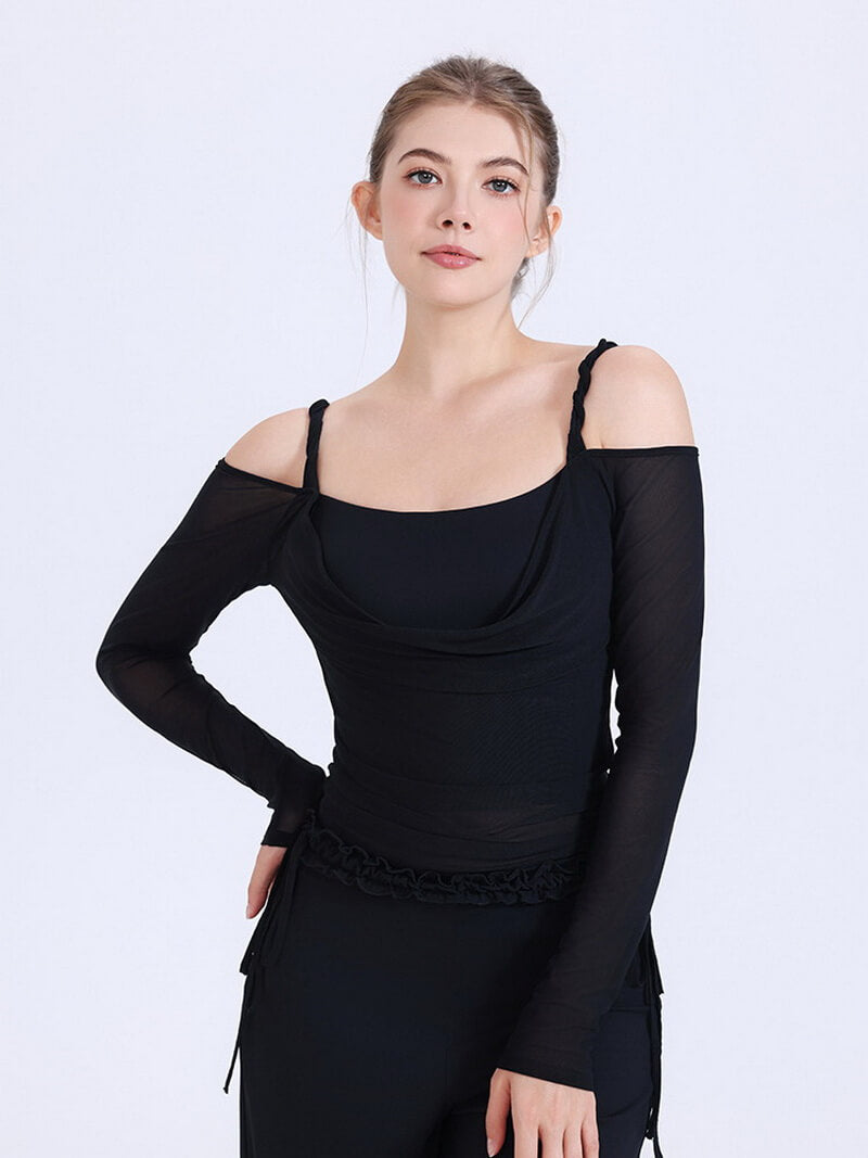 NURO Women's Cable-Knit Mesh Long Sleeve Crop Top with Built-in Bra