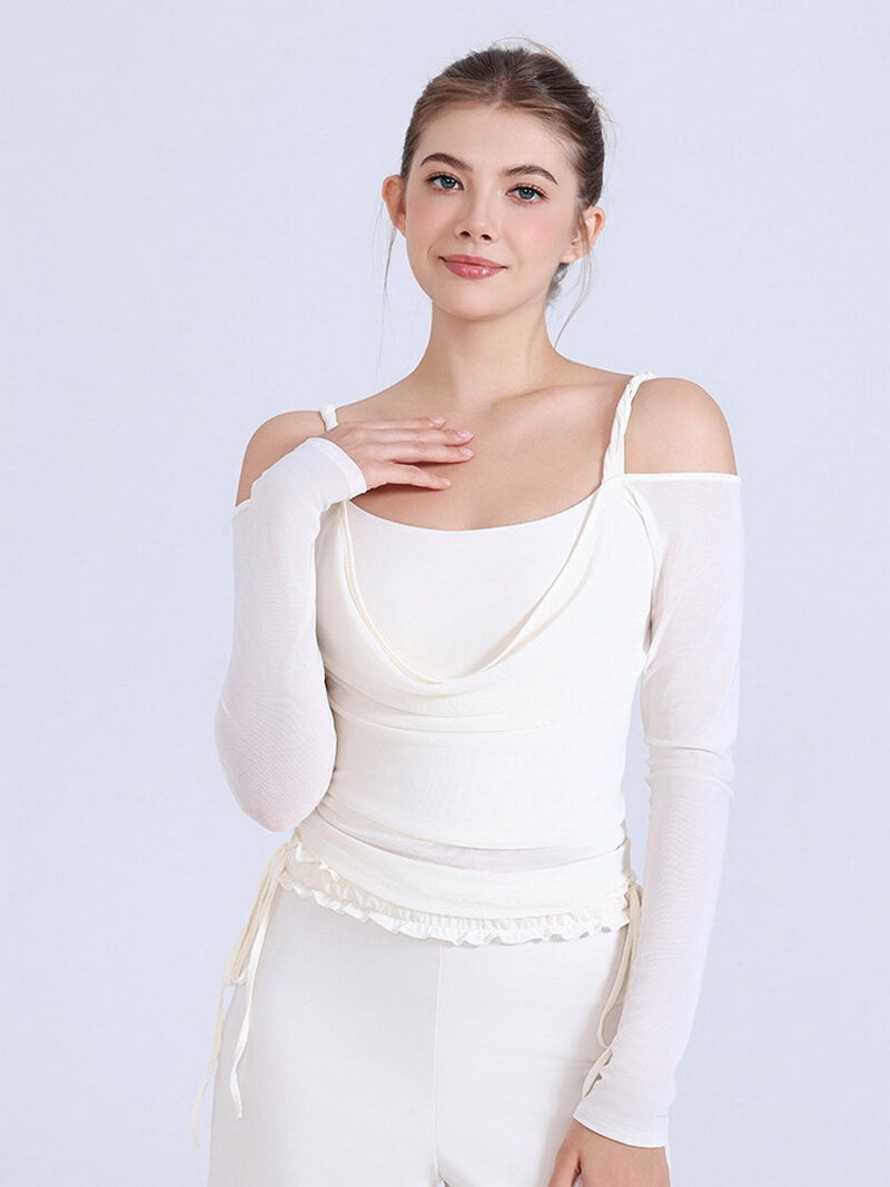 NURO Women's Cable-Knit Mesh Long Sleeve Crop Top with Built-in Bra