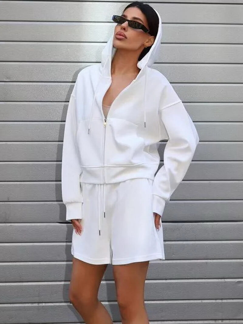 NURO Women's Cargo Pocket Sweatshirt and Shorts Set | Oversized Long Sleeve Top with Side Pockets & 3/4 Length Casual Shorts | Streetwear Two-Piece Outfit