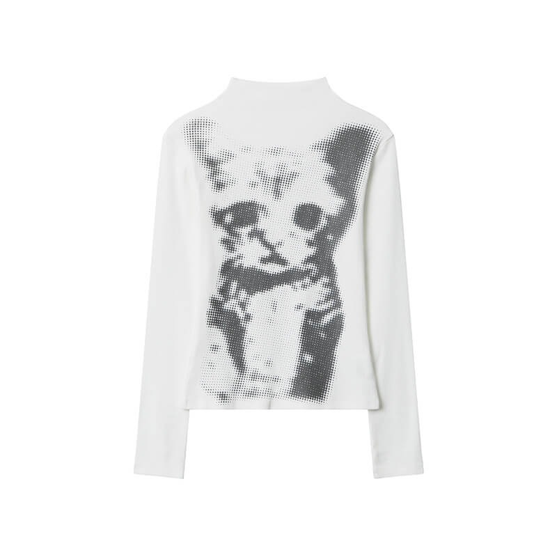 NURO Women's Cat Print Long Sleeve T-Shirt, Slim Fit Round Neck Blouse for Autumn