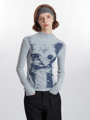 NURO Women's Cat Print Long Sleeve T-Shirt, Slim Fit Round Neck Blouse for Autumn