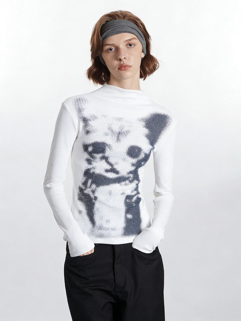 NURO Women's Cat Print Long Sleeve T-Shirt, Slim Fit Round Neck Blouse for Autumn