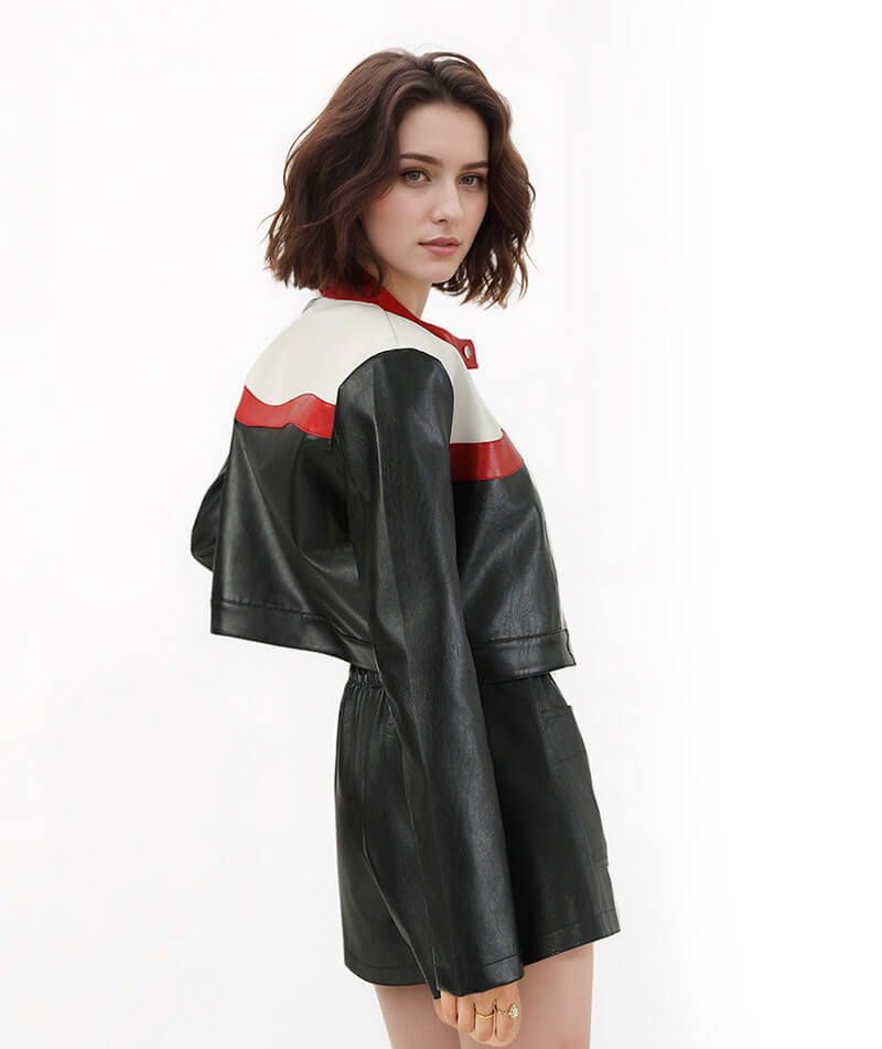 NURO Women's Color-Block Biker Jacket, Cropped Stand Collar Pilot Style Coat