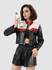 NURO Women's Color-Block Biker Jacket, Cropped Stand Collar Pilot Style Coat