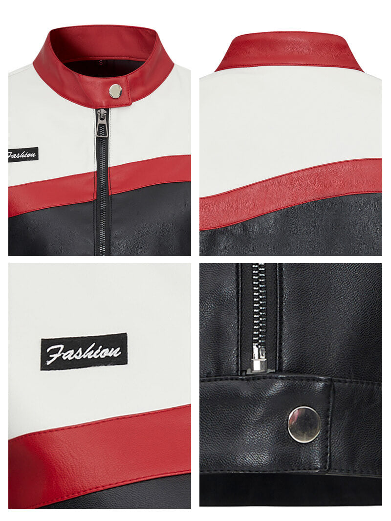 NURO Women's Color-Block Biker Jacket, Cropped Stand Collar Pilot Style Coat