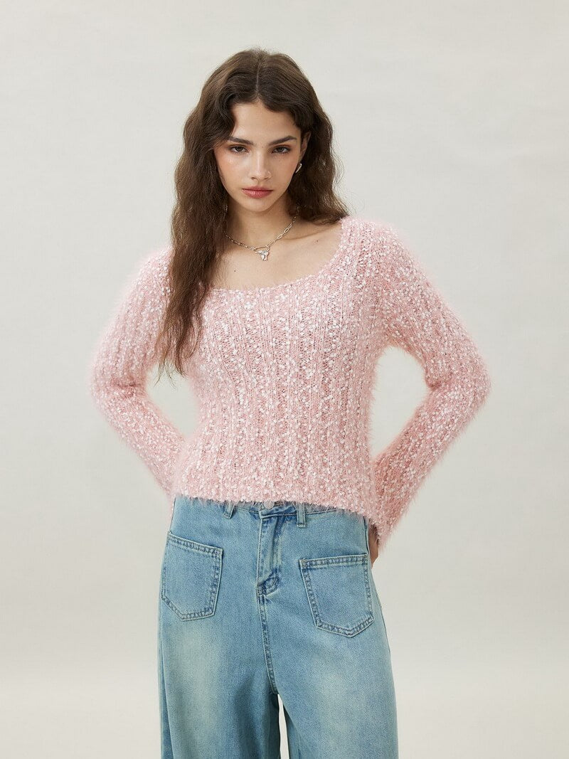 NURO Women's Color-Block Cropped Knit Sweater, U-Neck Long Sleeve Pullover Top