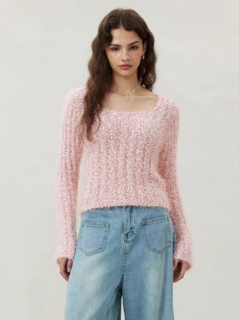 NURO Women's Color-Block Cropped Knit Sweater, U-Neck Long Sleeve Pullover Top