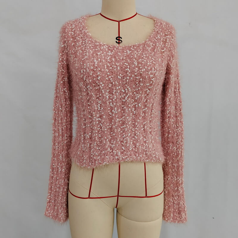 NURO Women's Color-Block Cropped Knit Sweater, U-Neck Long Sleeve Pullover Top