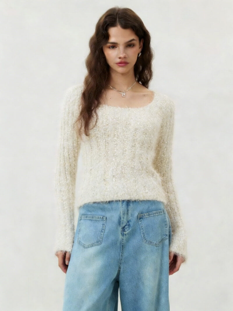 NURO Women's Color-Block Cropped Knit Sweater, U-Neck Long Sleeve Pullover Top