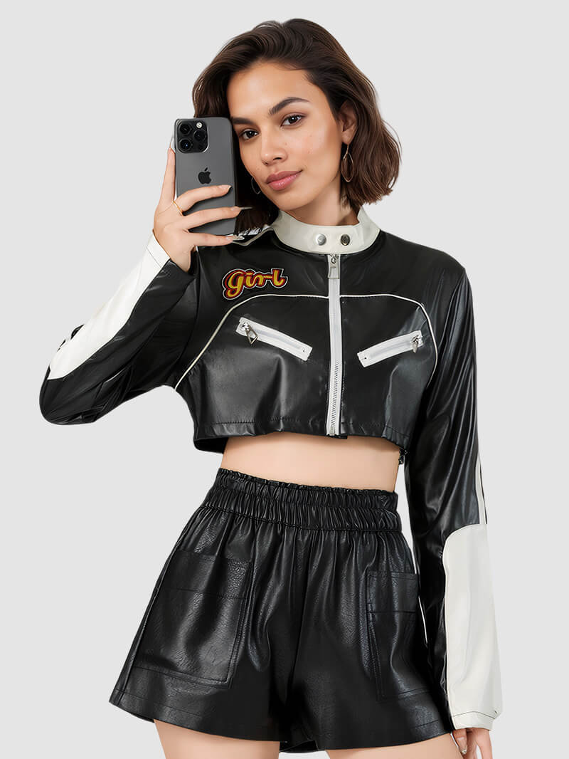 NURO Women's Color-Block Faux Leather Jacket, Cropped Stand Collar Biker Style Coat