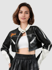 NURO Women's Color-Block Faux Leather Jacket, Cropped Stand Collar Biker Style Coat