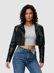 NURO Women's Color-Block Faux Leather Jacket, Slim Fit Long Sleeve Motorcycle Style Coat