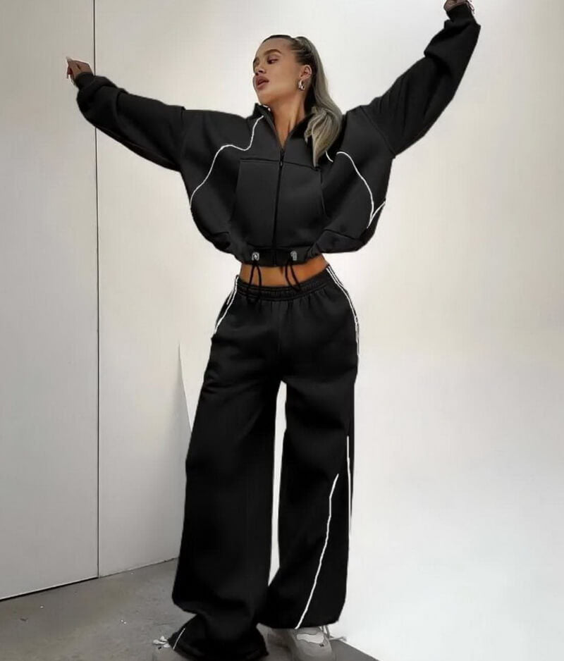 NURO Women's Color-Block Hoodie Zip-Up and Pants Set | Casual Two-Piece Outfit | Loose Fit Pullover & Straight Leg Joggers