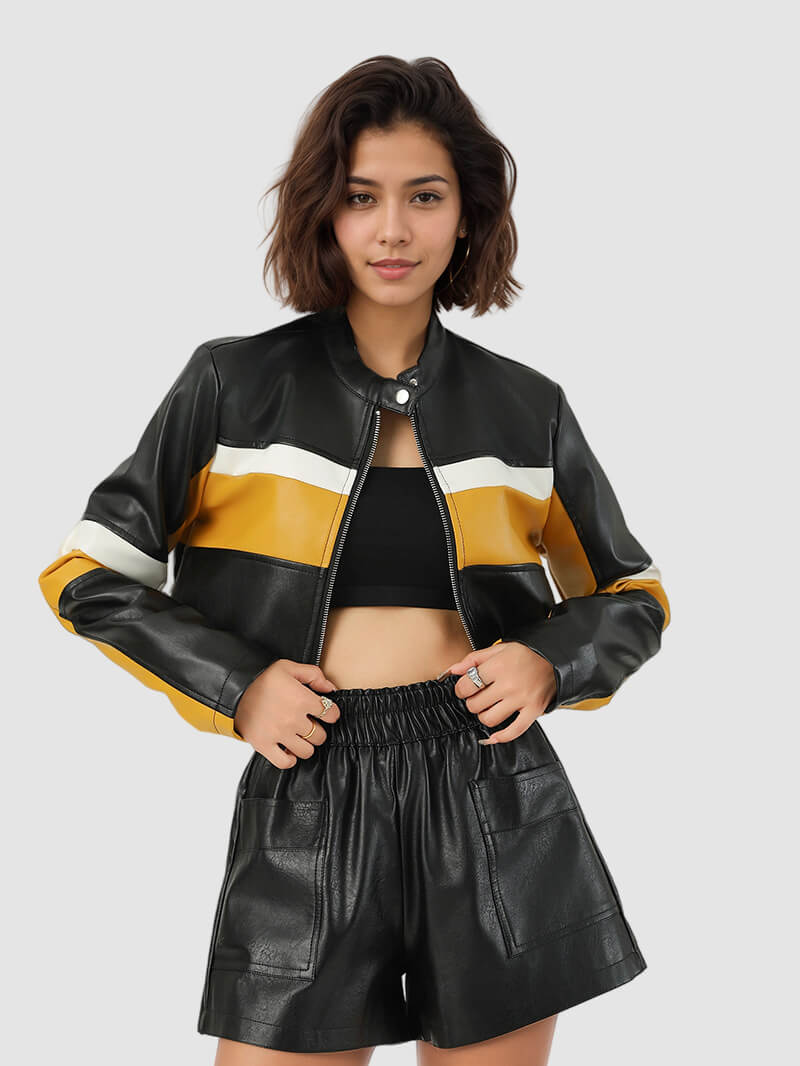 NURO Women's Color-Block PU Leather Jacket, Slim Fit Collarless Zip-Up Biker Coat