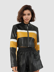 NURO Women's Color-Block PU Leather Jacket, Slim Fit Collarless Zip-Up Biker Coat