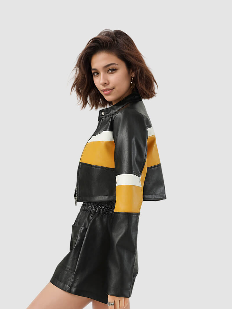 NURO Women's Color-Block PU Leather Jacket, Slim Fit Collarless Zip-Up Biker Coat