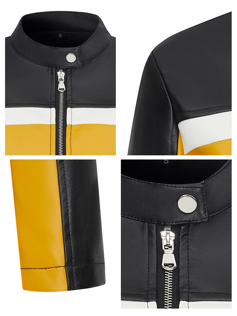 NURO Women's Color-Block PU Leather Jacket, Slim Fit Collarless Zip-Up Biker Coat