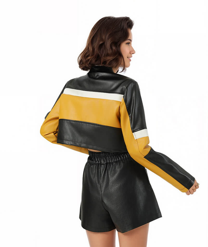 NURO Women's Color-Block PU Leather Jacket, Slim Fit Collarless Zip-Up Biker Coat