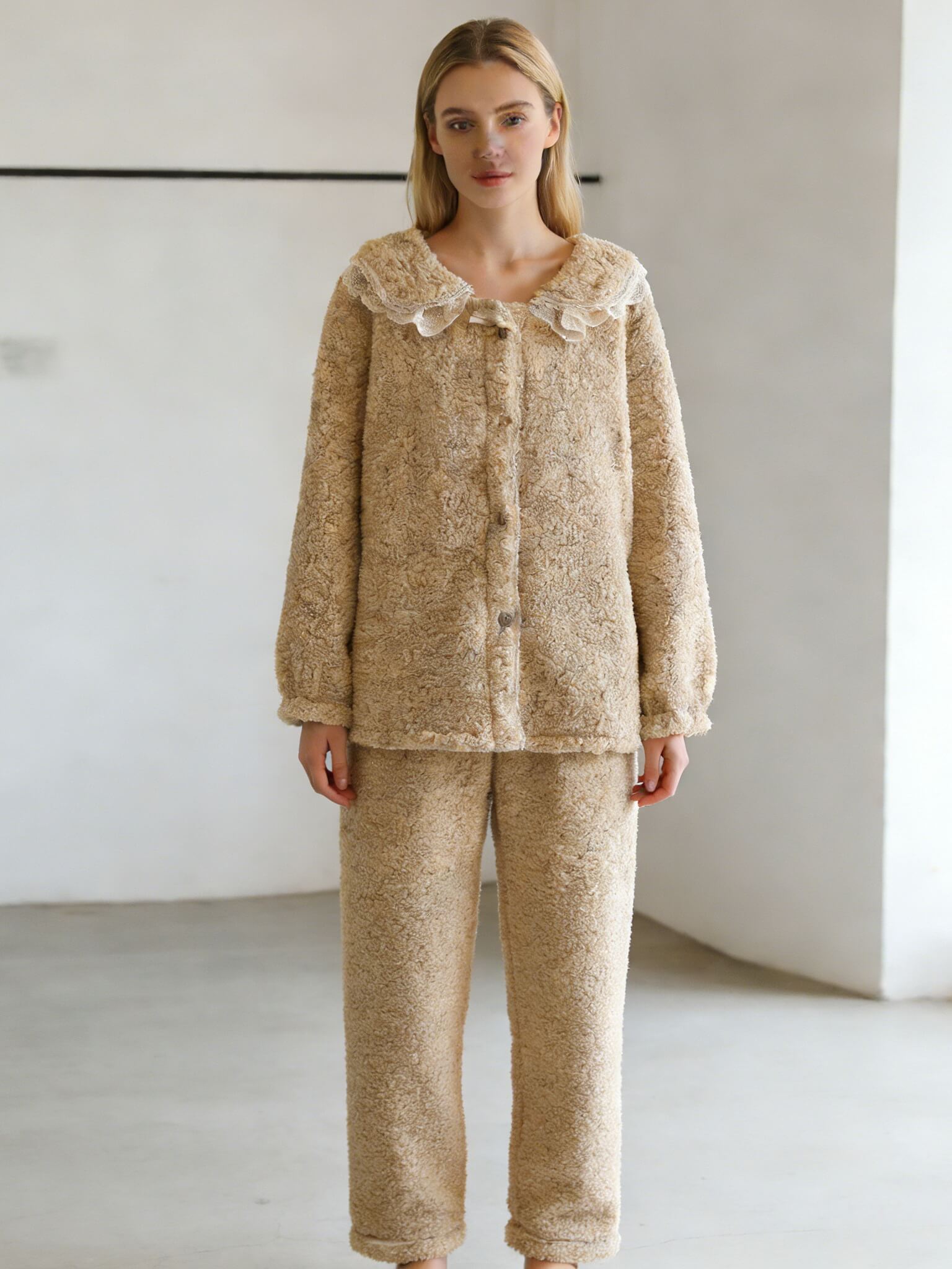 NURO Women's Coral Fleece Pajama Set with Bow-Tie Collar, Long Sleeve Warm Sleepwear, Thick Cozy Loungewear for Fall and Winter