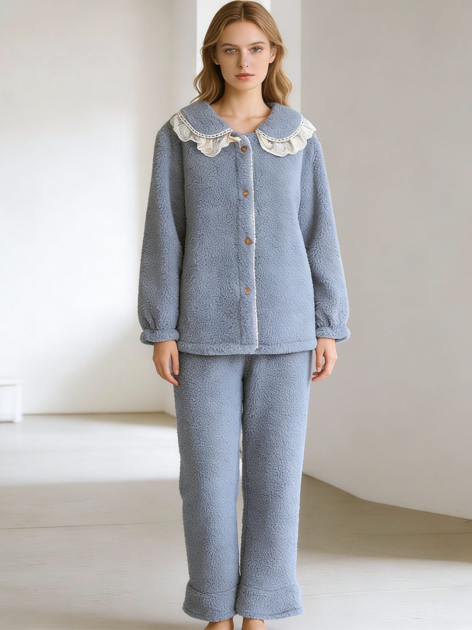 NURO Women's Coral Fleece Pajama Set with Bow-Tie Collar, Long Sleeve Warm Sleepwear, Thick Cozy Loungewear for Fall and Winter