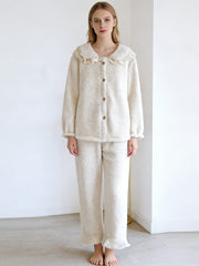 NURO Women's Coral Fleece Pajama Set with Bow-Tie Collar, Long Sleeve Warm Sleepwear, Thick Cozy Loungewear for Fall and Winter