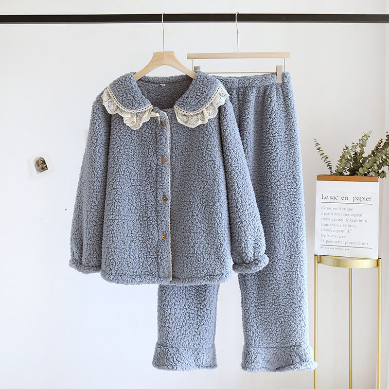 NURO Women's Coral Fleece Pajama Set with Bow-Tie Collar, Long Sleeve Warm Sleepwear, Thick Cozy Loungewear for Fall and Winter