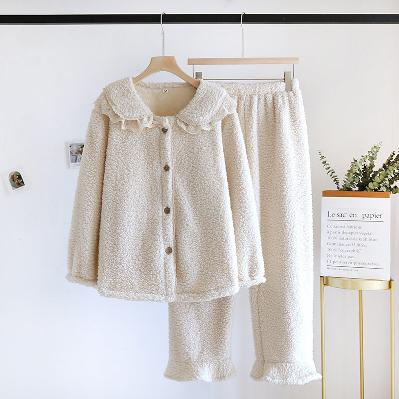 NURO Women's Coral Fleece Pajama Set with Bow-Tie Collar, Long Sleeve Warm Sleepwear, Thick Cozy Loungewear for Fall and Winter