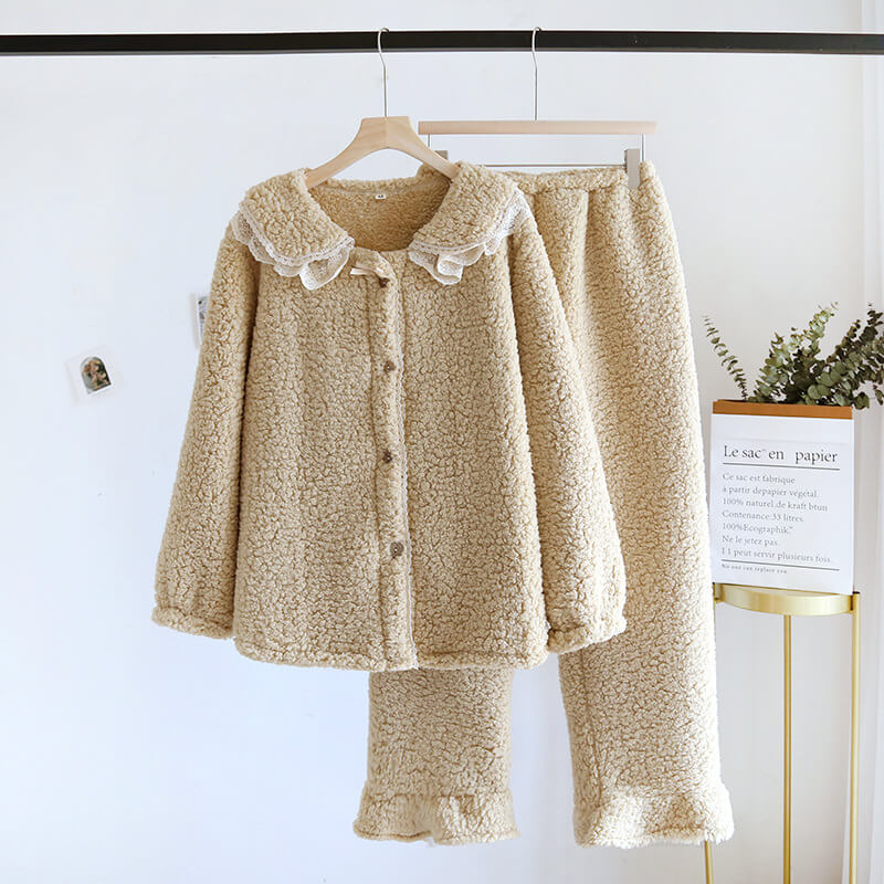 NURO Women's Coral Fleece Pajama Set with Bow-Tie Collar, Long Sleeve Warm Sleepwear, Thick Cozy Loungewear for Fall and Winter