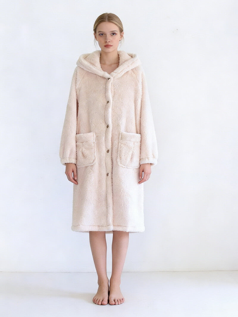 NURO Women's Coral Fleece Robe, Long Japanese Style Cozy Sleep Gown, Thick Warm Winter Loungewear for Home