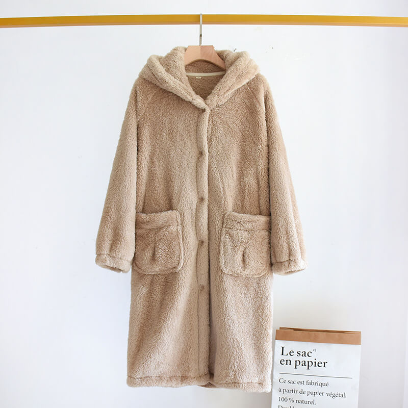 NURO Women's Coral Fleece Robe, Long Japanese Style Cozy Sleep Gown, Thick Warm Winter Loungewear for Home