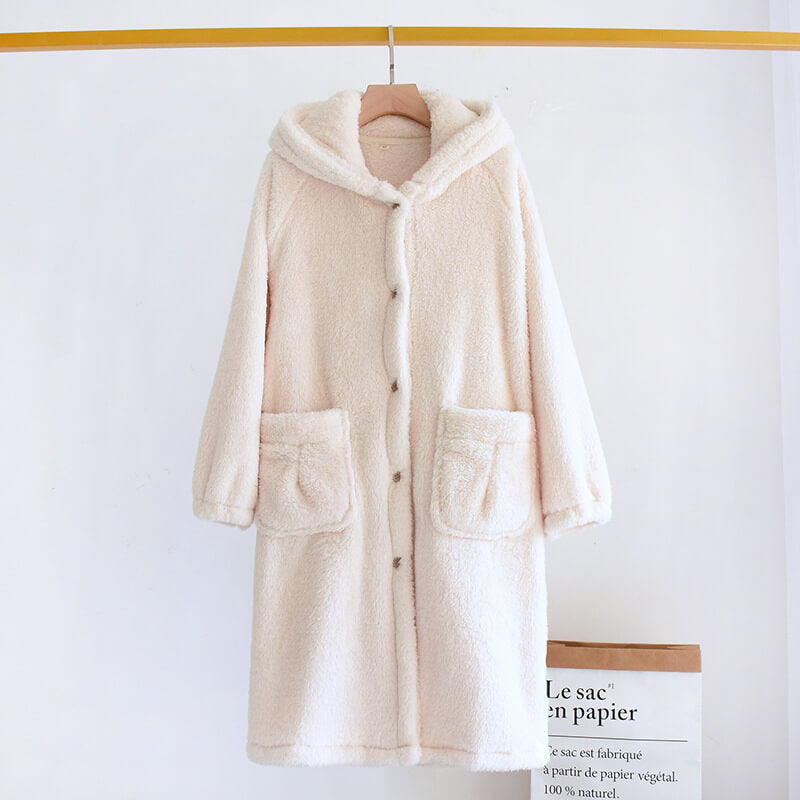 NURO Women's Coral Fleece Robe, Long Japanese Style Cozy Sleep Gown, Thick Warm Winter Loungewear for Home